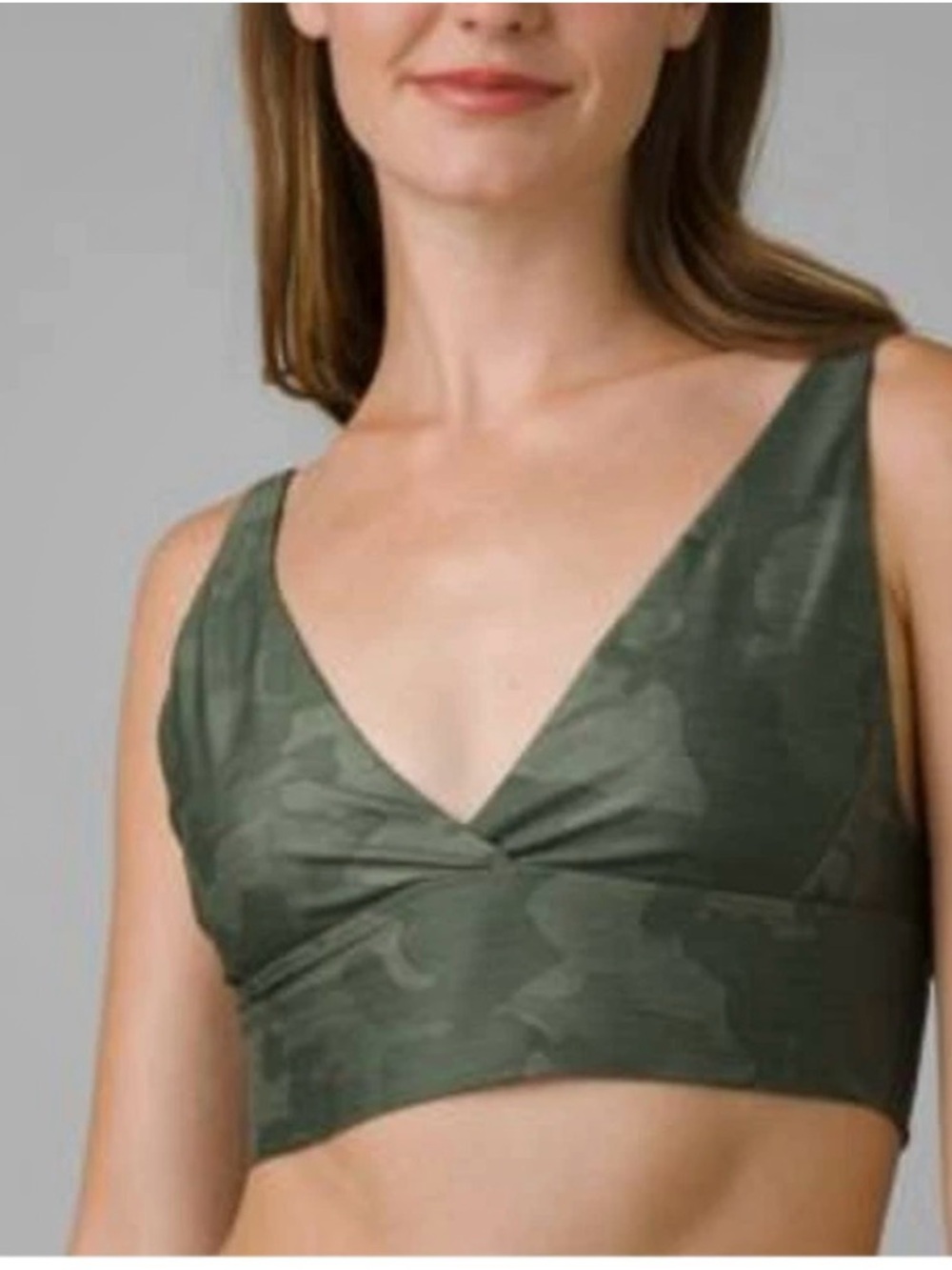 Prana Olive Green V-Neck Bralette with Subtle Camo
